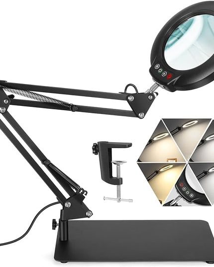 Veemagni 10X Magnifying Glass with Light and Stand, 5 Color Modes Stepless Dimmable 2-in-1 Desk Lamp & Clamp, LED Lighted Magnifier with Light, Hands Free for Repair Craft Hobby Close Work - LeafyLoom