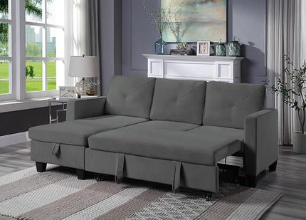 L-Shape Convertible Sleeper Sectional Sofa, with Storage Chaise & Pull-Out Bed, 82.5" Linen Upholstered Reversible Corner 3 Person Couch, Button Tufted Backrest, for Apartment - Dark Gray - LeafyLoom