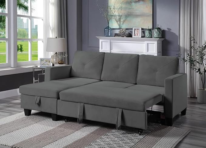 Reversible Velvet Sectional Couch with Storage Chaise, L-Shaped 3 Seater Corner Sleeper Pull Out Sofa Bed for Living Room Apartment Small Space, Dark Gray, 82.5 - LeafyLoom