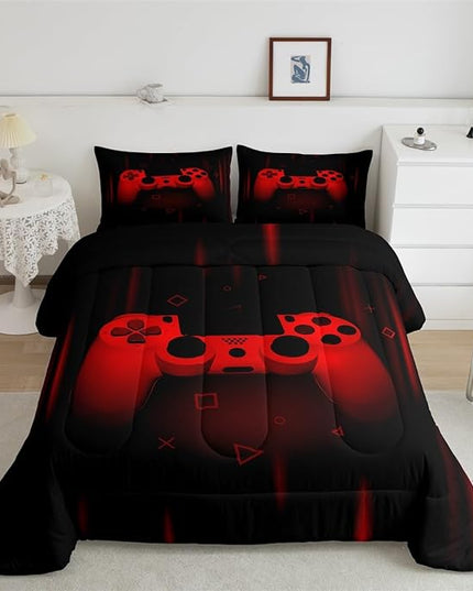 Feelyou Queen Comforter Set for Boys Gamer Bedding Set for Boys Kids Gaming Comforter Red Black Teen Child Gamer Room Decor Soft Game Geometric Duvet Quilted 1 Comforter with 2 Pillowcases Gamer Gifts - LeafyLoom