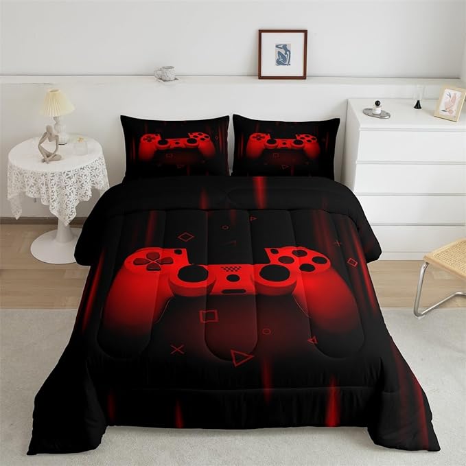 Feelyou Twin Comforter Set for Boys Gamer Bedding Set for Boys Kids Gaming Comforter Red Black Teen Child Gamer Room Decor Soft Game Geometric Duvet Quilted 1 Comforter with 1 Pillowcase Gamer Gifts - LeafyLoom