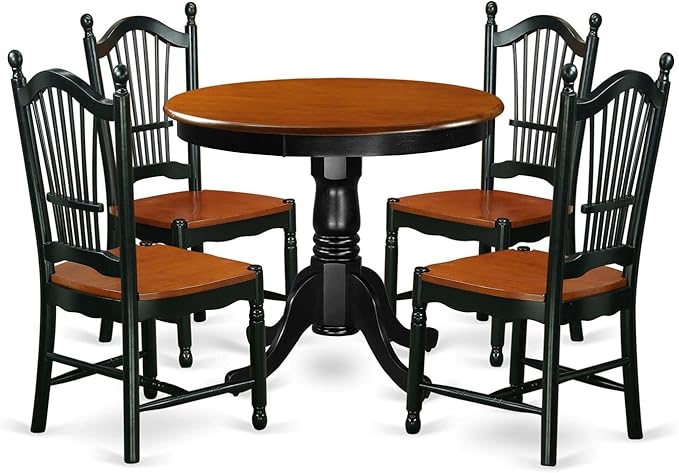 East West Furniture ANDO5-BCH-W Antique 5 Piece Room Set Includes a Round Wooden Table with Pedestal and 4 Kitchen Dining Chairs, 36x36 Inch - LeafyLoom
