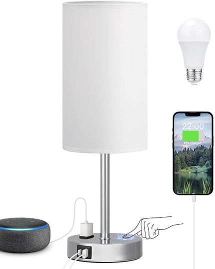 Touch Bedside Lamp - White, 3-Way Dimmable, USB A + C Charging, AC Outlet, 17.4inch Medium - LeafyLoom