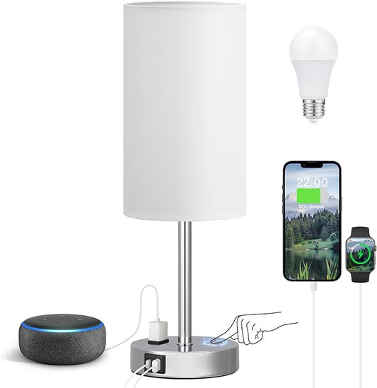 Touch Bedside Lamp - White, 3-Way Dimmable, USB A + C Charging, AC Outlet, 17.4inch Medium - LeafyLoom