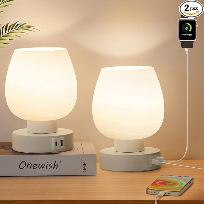 Touch Bedside Table Lamp Set of 2 - Small Modern Nightstand Lamp for Bedroom with USB C+A Charging Ports, 3-Way Dimable Desk lamp with White Opal Glass Lamp Shade, 3000K LED Bulb, Simple Design - LeafyLoom