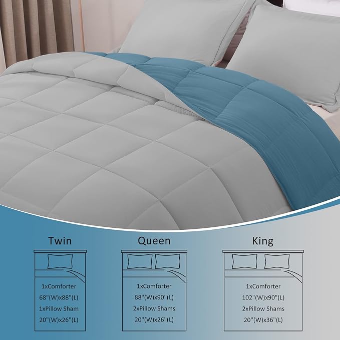 Basic Beyond Queen Comforter Set - Fluffy Comforter Queen Set for All Seasons - Reversible Blue Comforter Set Queen for Mens - 3 Pieces (1 Comforter + 2 Pillow Shams) - Blue/Grey - LeafyLoom
