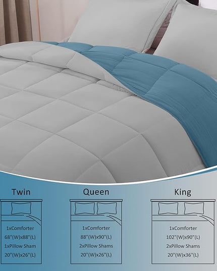 Basic Beyond King Size Comforter Set - Fluffy King Bed Comforter Set for All Seasons - Reversible Blue Comforter Set King - 3 Pieces (1 Comforter + 2 Pillow Shams) - Blue/Grey - LeafyLoom