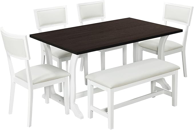 6-Piece Wood Rectangular Dining Table Set with 4 Upholstered Arched Back Chairs and Bench, for Kitchen, Living Room, Farmhouse, Dark Walnut+White, 59" L x 35.4" W x 30" H - LeafyLoom