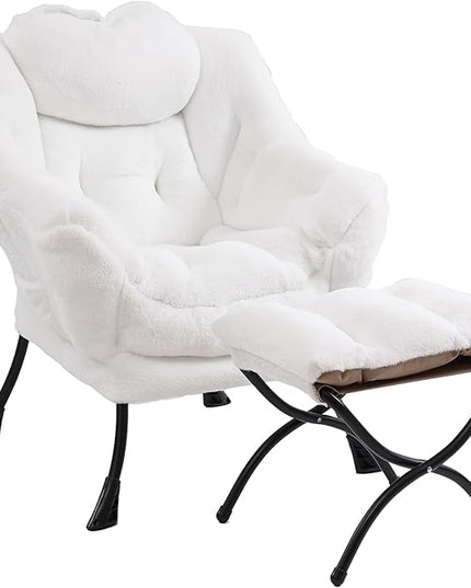 Lazy Chair with Ottoman, Modern Chair with Folding Footrest, Lounge Accent Chair, Comfortable Reading Chair (Plush White) - LeafyLoom