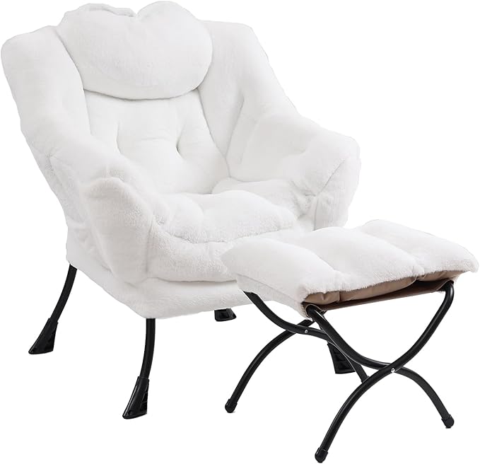 Lazy Chair with Ottoman, Modern Chair with Folding Footrest, Lounge Accent Chair, Comfortable Reading Chair (Plush White) - LeafyLoom