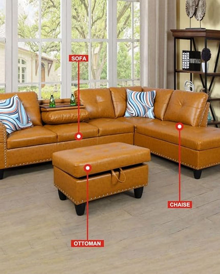 ROOMTEC L Shaped Sectional Sofa with Storage Ottoman, Right Facing Chaise Longue, Reversible Backrest w/ 2 Cup Holders, Semi PU Synthetic Leather Tufted Cushions, for Living Room, Ginger - LeafyLoom