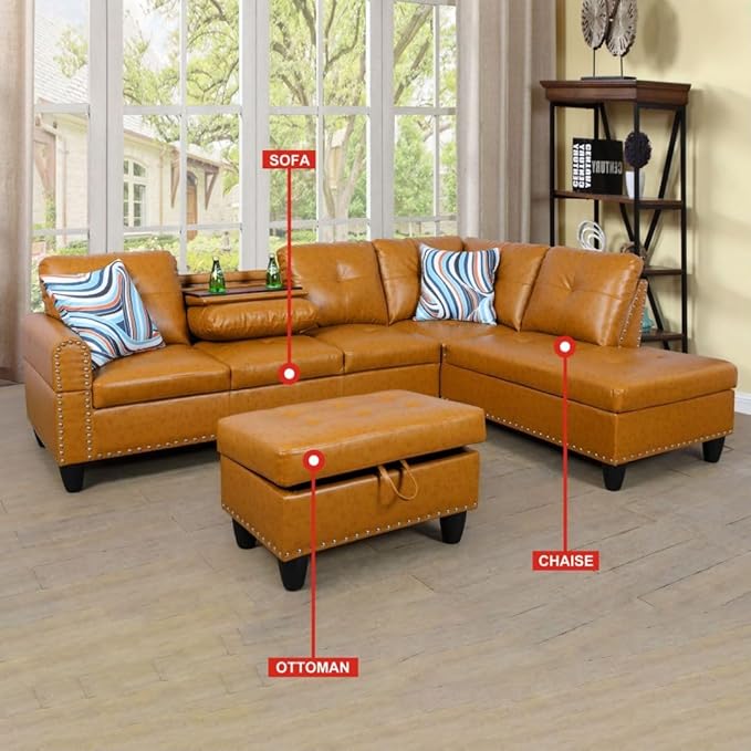 ROOMTEC L Shaped Sectional Sofa with Storage Ottoman, Right Facing Chaise Longue, Reversible Backrest w/ 2 Cup Holders, Semi PU Synthetic Leather Tufted Cushions, for Living Room, Ginger - LeafyLoom