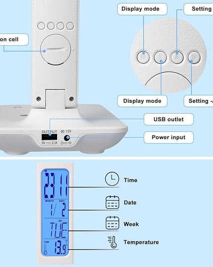 LED Desk Lamp, Desk Lamp with Wireless Charger, Suitable for Home, Office Dimmable Desk Lamp, with USB Charging Port, Built-in Clock, Calendar, Thermometer and Automatic Timing Reading Desk Lamp. - LeafyLoom