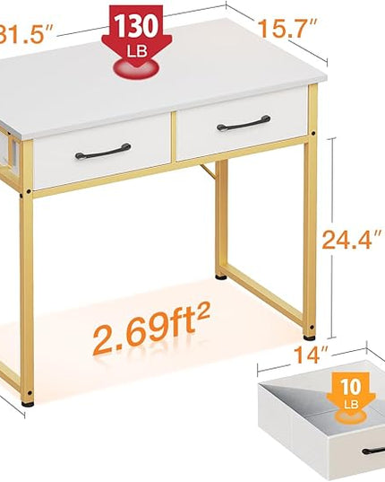 ODK Vanity Desk without Mirror, Makeup Vanity with 2 Fabirc Drawers, White Vanity Dressing Vanity Table with Versatile Hook, 32 Inch Small Vanity for Bedroom, Desk Make Up for Girls, White and Gold - LeafyLoom