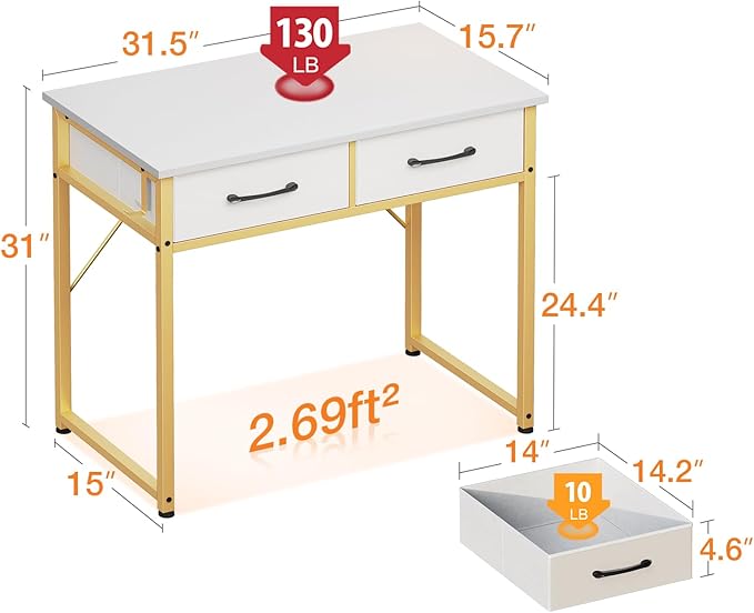 ODK Vanity Desk without Mirror, Makeup Vanity with 2 Fabirc Drawers, White Vanity Dressing Vanity Table with Versatile Hook, 32 Inch Small Vanity for Bedroom, Desk Make Up for Girls, White and Gold - LeafyLoom