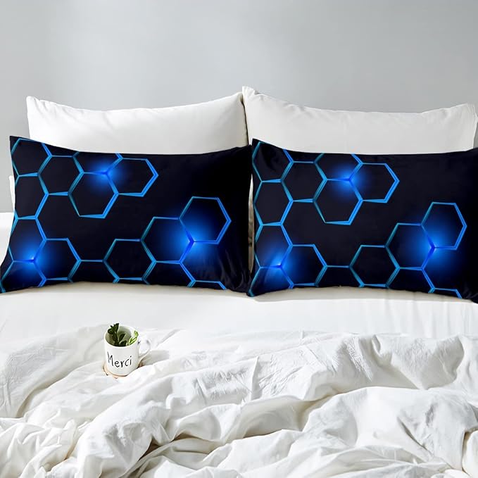Honeycomb Kids Comforter Set Modern Geometry Hexagon Bedding Set for Boys Children Teens Bedroom Decor Geometrical Comforter Beehive Geometric Black Blue Duvet Set Queen Size with 3 Pillow Case - LeafyLoom