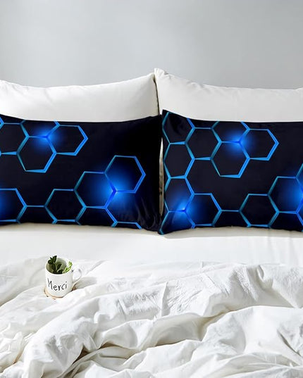Honeycomb Kids Comforter Set Modern Geometry Hexagon Bedding Set for Boys Teens Decor Geometrical Comforter Beehive Geometric Black Blue Duvet Set King Size with 3 Pillow Case Boys - LeafyLoom