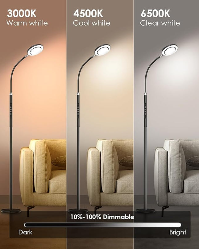 LED Floor Lamp for Bedroom, 24W 2400LM 74 Inch Standing Lamp with 3 Color Temperatures, Modern floor Reading Lamp with Remote & Touch Control, Adjustable gooseneck floor lamp for Office Reading - LeafyLoom