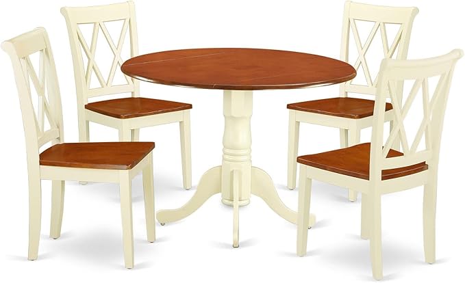 East West Furniture DLCL5-BMK-W Dublin 5 Piece Room Set Includes a Round Dining Table with Dropleaf and 4 Wood Seat Chairs, 42x42 Inch - LeafyLoom