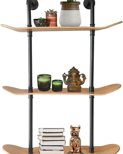 Industrial Shelves - 3 Tier Floating Shelf Bookcase with Mellow Concave Skateboard Decks - Natural Wood Stain Finish - Easy to Assemble - Bathroom Wall Decor, Book Shelf for Living Room - LeafyLoom