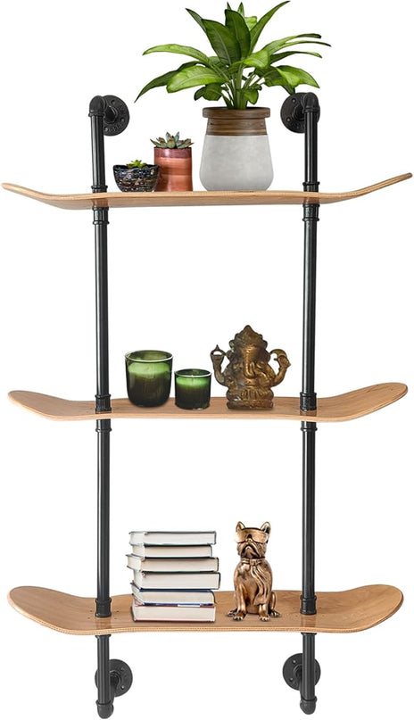 Industrial Shelves - 3 Tier Floating Shelf Bookcase with Mellow Concave Skateboard Decks - Natural Wood Stain Finish - Easy to Assemble - Bathroom Wall Decor, Book Shelf for Living Room - LeafyLoom