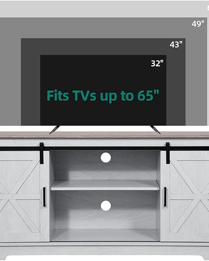 YITAHOME Farmhouse TV Stand for 65/60/55 Inch, Modern Entertainment Center with Sliding Barn Door, Wood TV Media Console Storage TV Cabinet for Living Room for 300lbs, Grey White & Grey Wash - LeafyLoom