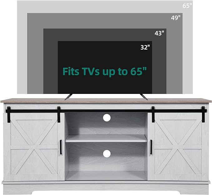 YITAHOME Farmhouse TV Stand for 65/60/55 Inch, Modern Entertainment Center with Sliding Barn Door, Wood TV Media Console Storage TV Cabinet for Living Room for 300lbs, Grey White & Grey Wash - LeafyLoom