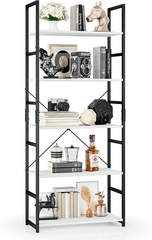 OTK 5 Tier Bookshelf, Tall Bookcase, Office Shelf Storage Organizer, Modern Book Shelf for Living Room, Bedroom, and Home Office, White - LeafyLoom