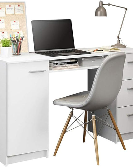 Madesa Computer Desk with 3 Drawers, 1 Door and 1 Storage Shelf, Wood Writing Home Office Workstation, Office Desk with Drawers - 30” H x 18” D x 53” W - White - LeafyLoom