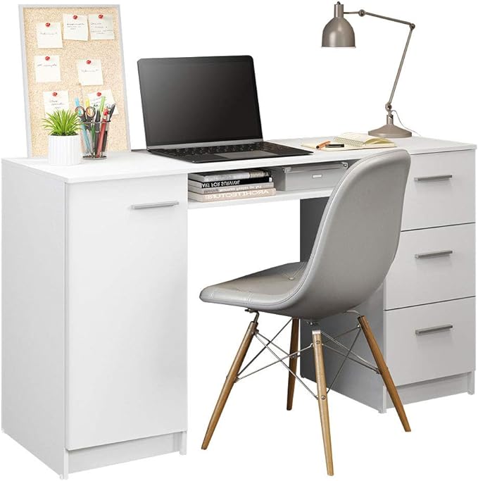 Madesa Computer Desk with 3 Drawers, 1 Door and 1 Storage Shelf, Wood Writing Home Office Workstation, Office Desk with Drawers - 30” H x 18” D x 53” W - White - LeafyLoom