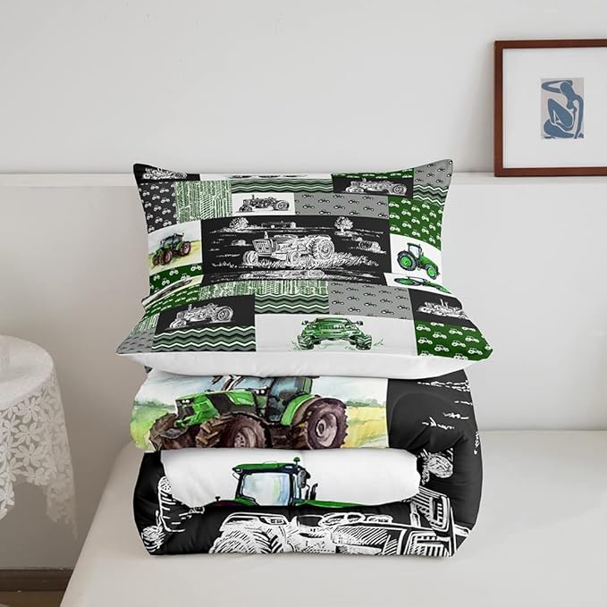 Tractor Bedding Set King Size Equipment Trucks Comforter Set Farmhouse Harvester Down Comforter for Kids Boys Car Bedroom Decor Green Vehicle Quilt Set Plaid Comforter with 2 Pillowcases, Grey - LeafyLoom