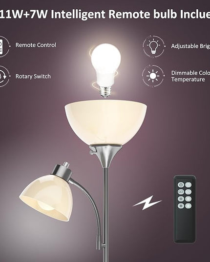 Floor Lamp, Remote Control with 4 Color Temperatures, LED Torchiere Floor Lamp with Adjustable Reading Lamp for Bedroom, Standing Lamps for Living Room, Bulb Included (Brushed Nickel - LeafyLoom