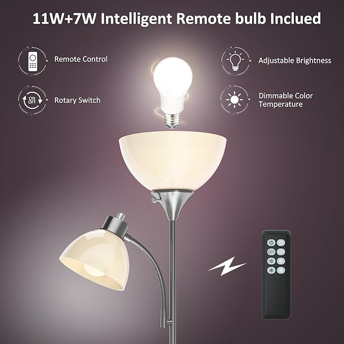 Floor Lamp, Remote Control with 4 Color Temperatures, LED Torchiere Floor Lamp with Adjustable Reading Lamp for Bedroom, Standing Lamps for Living Room, Bulb Included (Brushed Nickel - LeafyLoom