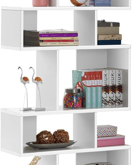 Giantex 5-Tier Geometric Bookshelf White, 70'' Tall Wood Freestanding Decorative Display Open Shelves with Anti-Tipping Device, Each Shelf Holds up to 44 lbs, Wooden S Shaped Bookcase - LeafyLoom