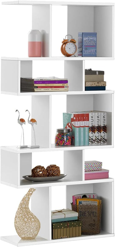 Giantex 5-Tier Geometric Bookshelf White, 70'' Tall Wood Freestanding Decorative Display Open Shelves with Anti-Tipping Device, Each Shelf Holds up to 44 lbs, Wooden S Shaped Bookcase - LeafyLoom