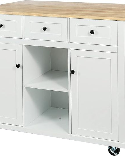 53" W Kitchen Island Table w/Cabinet and 3 Drawers, Spice Holder, Rolling Kitchen-Cart on 5 Wheelswith Rubber Wood Drop-Leaf Countertop & Internal Storage, for Dining Room, Cafe - LeafyLoom