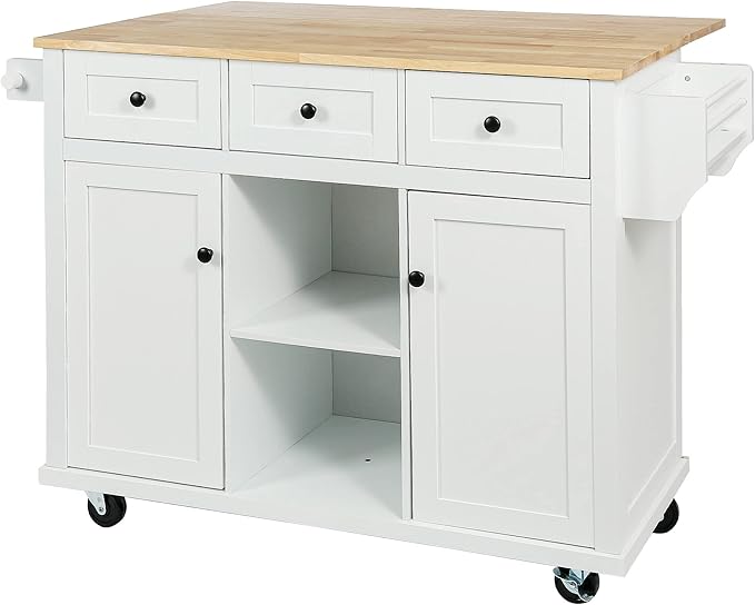 53" W Kitchen Island Table w/Cabinet and 3 Drawers, Spice Holder, Rolling Kitchen-Cart on 5 Wheelswith Rubber Wood Drop-Leaf Countertop & Internal Storage, for Dining Room, Cafe - LeafyLoom