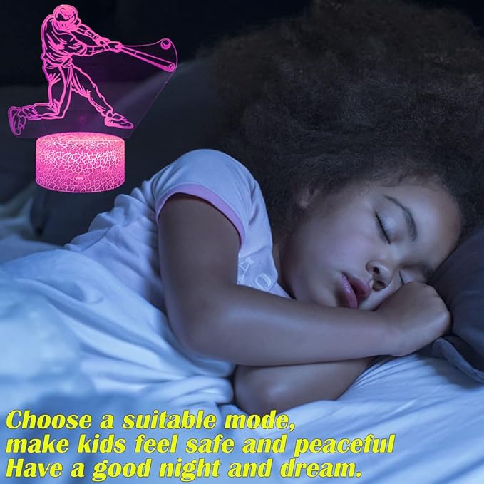 Baseball Player Night Light,3D Illusion Lamp Baseball Player Lights for Kids Room,16 Colors & Flashing Modes with Remote Control Opreated Dimmable Christmas Birthday Gifts for Boys Girls Kids Children - LeafyLoom
