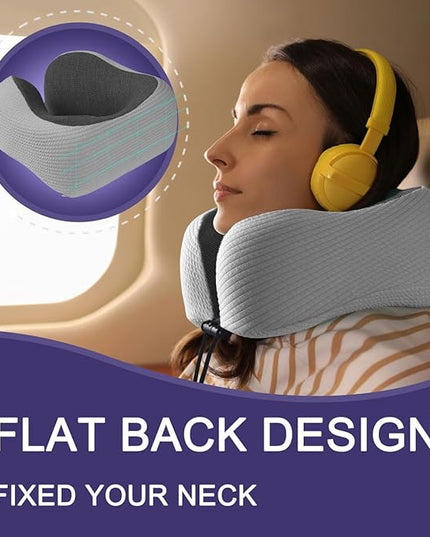 napfun Neck Pillow for Traveling, Upgraded Travel Neck Pillow for Airplane 100% Pure Memory Foam Travel Pillow for Flight Headrest Sleep, Portable Plane Accessories, Striped Light Grey - LeafyLoom