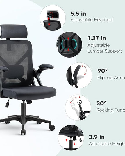 SEATZONE Dark Gray Office Chair, Ergonomic Desk Chair with Adjustable Headrest,Lumbar Support, High Back Mesh Computer Chair with Wheels and Flip-up Armrests Task Chairs, Executive Chairs - LeafyLoom