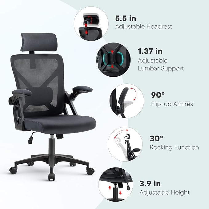 SEATZONE Dark Gray Office Chair, Ergonomic Desk Chair with Adjustable Headrest,Lumbar Support, High Back Mesh Computer Chair with Wheels and Flip-up Armrests Task Chairs, Executive Chairs - LeafyLoom
