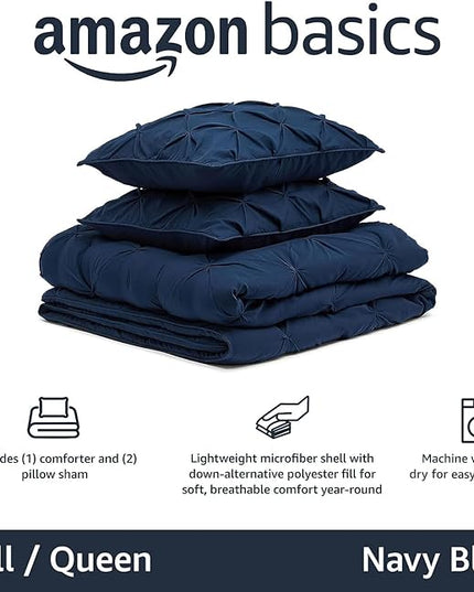 Amazon Basics All-Season Down-Alternative Comforter 3-Piece Bedding Set, Pinch Pleat, Full/Queen, Pinched Pleat With Piped Edges, Navy Blue - LeafyLoom