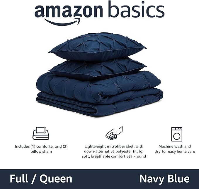 Amazon Basics All-Season Down-Alternative Comforter 3-Piece Bedding Set, Pinch Pleat, Full/Queen, Pinched Pleat With Piped Edges, Navy Blue - LeafyLoom