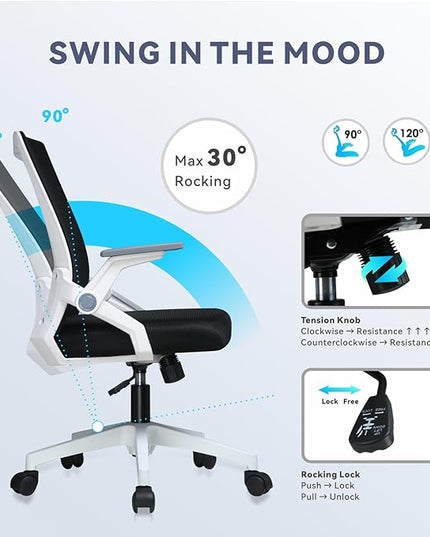 COMHOMA Office Chair with Flip-up Armrests Ergonomic Computer Desk Chair Foldable Mesh Task Chair with Wheels Adaptive Lumbar Support Swivel Tilt Comfortable Study Chair for Student, White - LeafyLoom