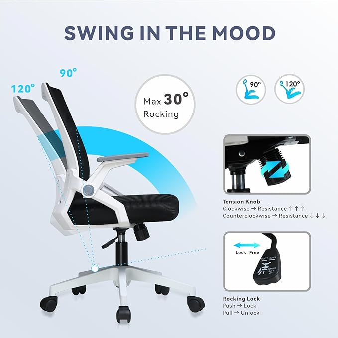 COMHOMA Office Chair with Flip-up Armrests Ergonomic Computer Desk Chair Foldable Mesh Task Chair with Wheels Adaptive Lumbar Support Swivel Tilt Comfortable Study Chair for Student, White - LeafyLoom