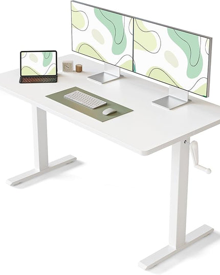 FEZIBO Crank Height Adjustable Desk, 55 Inches Manual Standing Desk, Writing Table with Handle, Home Office Desk with White Frame/White Table Top - LeafyLoom