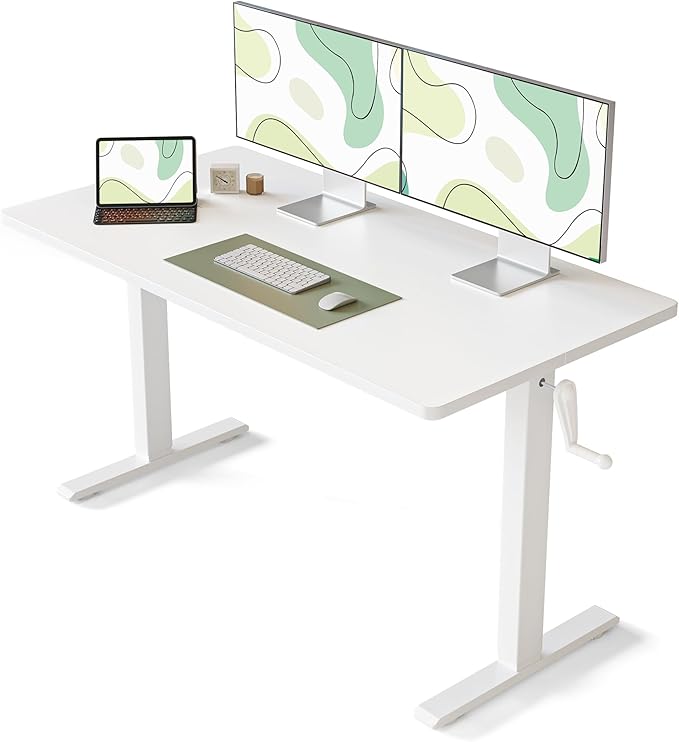 FEZIBO Crank Height Adjustable Desk, 55 Inches Manual Standing Desk, Writing Table with Handle, Home Office Desk with White Frame/White Table Top - LeafyLoom
