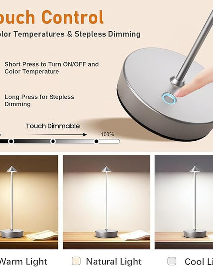 Set of 2 Rechargeable Cordless Table Lamp,6000mAh LED Battery Operated Desk Lamp Touch 3 Color Dimming Portable Outdoor Waterproof Table Light for Patio/Restaurant/Dining/Home (Silver) - LeafyLoom