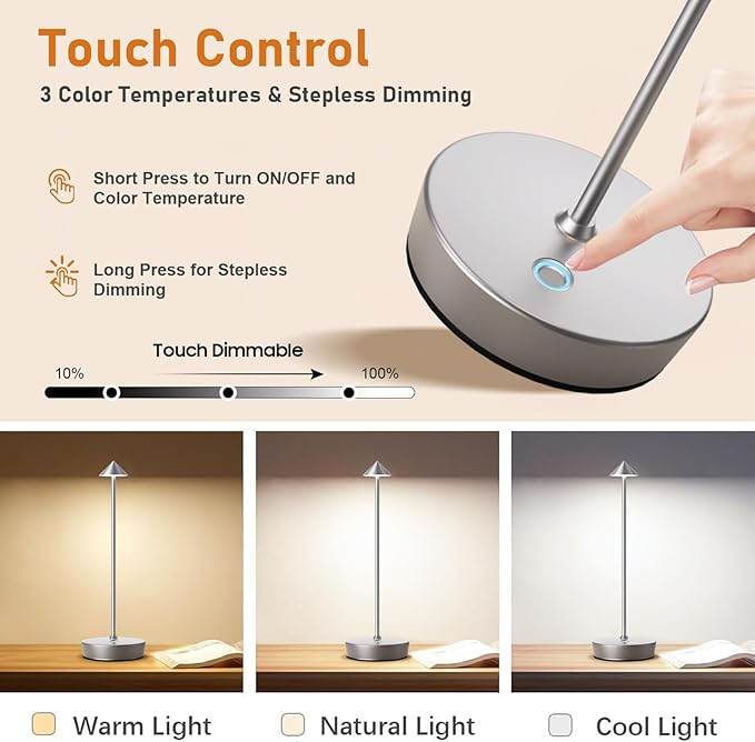 Set of 2 Rechargeable Cordless Table Lamp,6000mAh LED Battery Operated Desk Lamp Touch 3 Color Dimming Portable Outdoor Waterproof Table Light for Patio/Restaurant/Dining/Home (Silver) - LeafyLoom