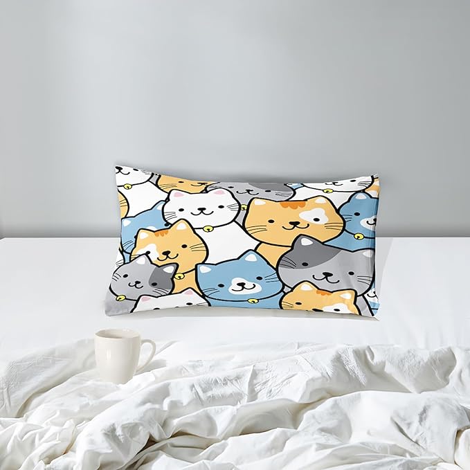 Cat Comforter Twin Size Cartoon Cat Comforter Set Cute Cat Print Bedding Sets for Girls Room Kids Cat Twin Quilt Set, 1 Comforter+1 Pillowcase - LeafyLoom